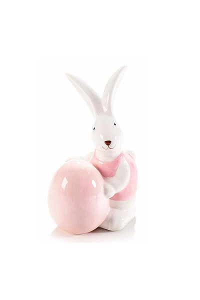 Decorer Ceramic Bunny Easter Figurine Pink White 8x7x12 cm