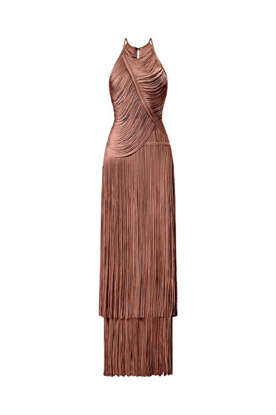 Herve Leger LONG ASYMMETRICAL DRESS WITH FRINGES - HERVE LEGER - BROWN, S
