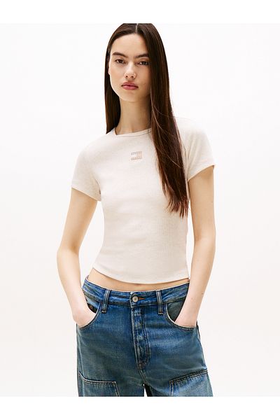 Tommy Hilfiger Tommy Hilfiger Women Oatmeal Heather Tonal Slim Badge Rib Short Sleeve T-Shirt