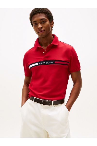 Tommy Hilfiger Tommy Hilfiger Men Medium Red Hilfiger Chest Insert Short Sleeve Polo T-Shirt