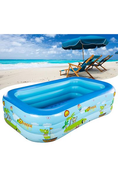 Joyful Box Piscina Gonflabila Cu 3 Inele , 200 X 140 X 60 Cm, Sezut Moale Dublu, Albastra Cu Desene