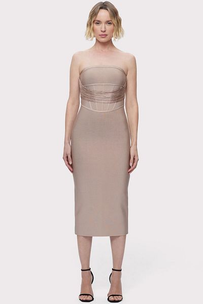 Herve Leger Rochie midi drapată fără bretele și franjuri - - Crem, S