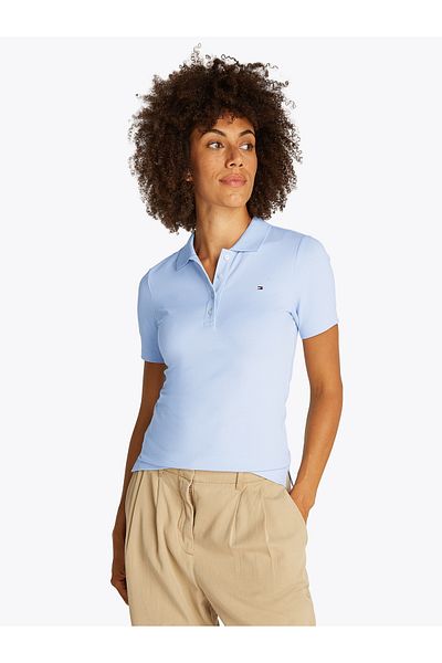 Tommy Hilfiger Women Breezy Blue 1985 Slim Pique Short Sleeve Polo T-Shirt