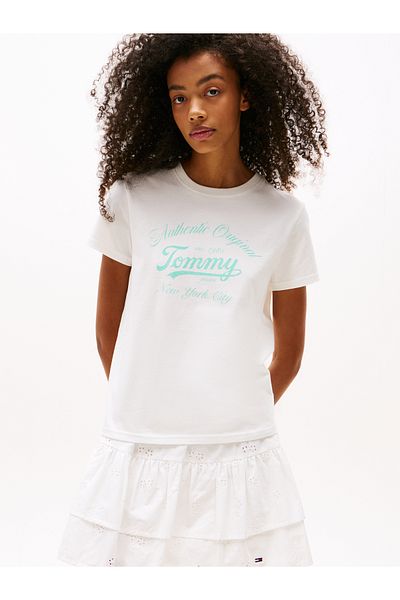 Tommy Hilfiger Women Ecru Regular Fit Essential Short Sleeve T-Shirt