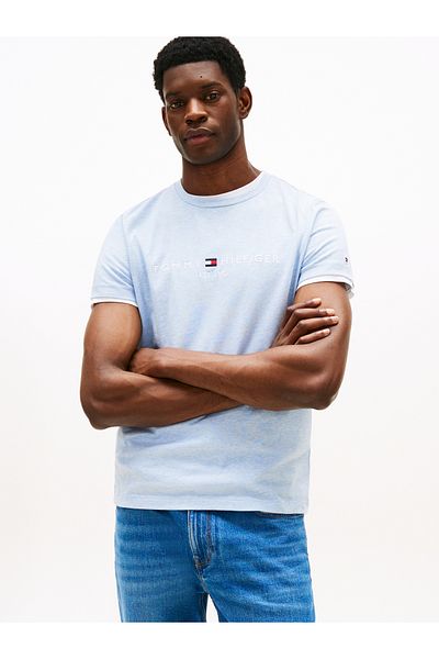 Tommy Hilfiger Men Heathered Blue Logo Short Sleeve T-Shirt