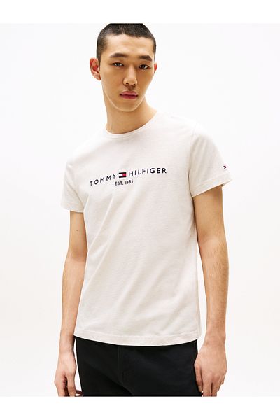 Tommy Hilfiger Men Heathered Oatmilk Logo Short Sleeve T-Shirt