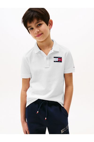 Tommy Hilfiger Boys White Tommy Script Flag Short Sleeve Polo T-Shirt