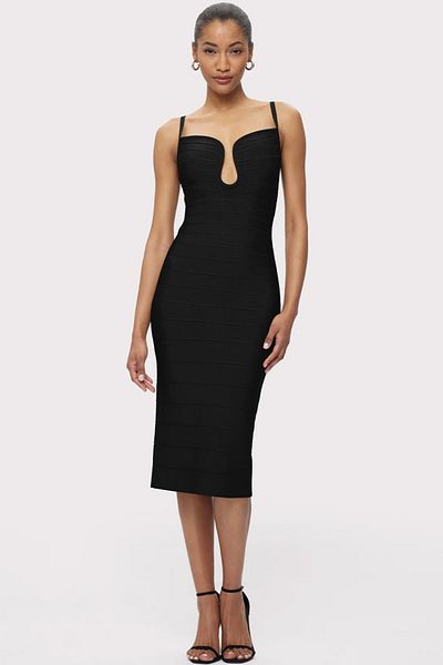 Herve Leger ROCHIE MIDI BANDAJ CU DECOLARE ȘI ARMATĂ - HERVE LEGER - L, NEGRU