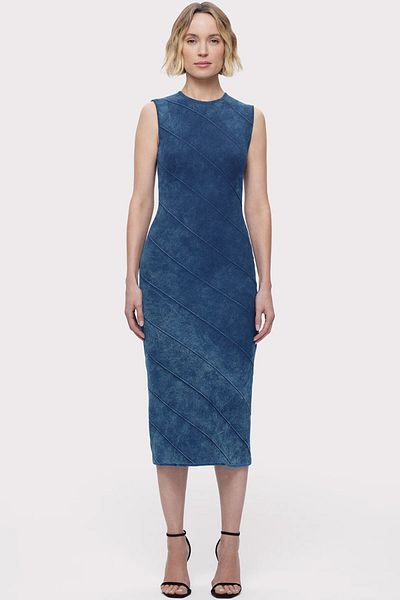 Herve Leger ROCHIE MIDI DIN DENIM CU ȘI FORMĂ BANDAJ - HERVE LEGER - ALBASTRU, L