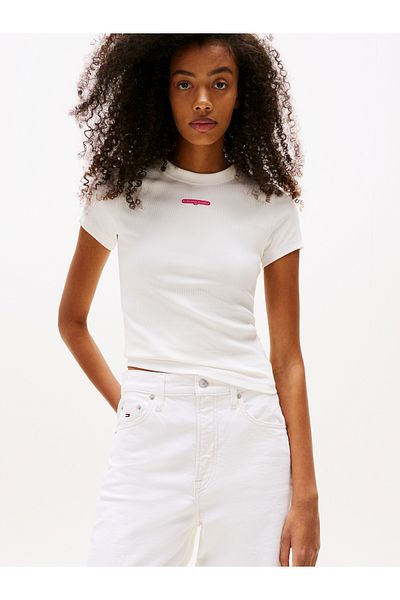 Tommy Hilfiger Tommy Hilfiger Women Ecru Slim Script Label Short Sleeve T-Shirt