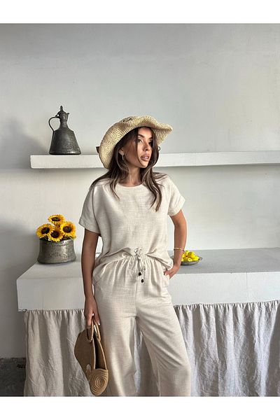 AÈC PRIVÈ Women's New Season Trend Premium Quality 100% Cotton Linen Blouse Trousers Double Suit 7777
