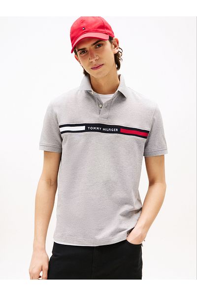 Tommy Hilfiger Men Light Grey Heather Hilfiger Chest Insert Short Sleeve Polo T-Shirt