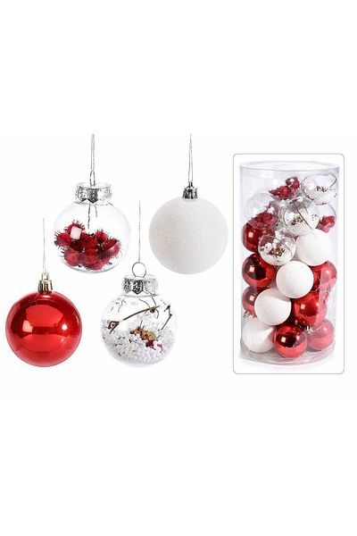 Decorer Set of 30 red and white plastic globes 6 cm