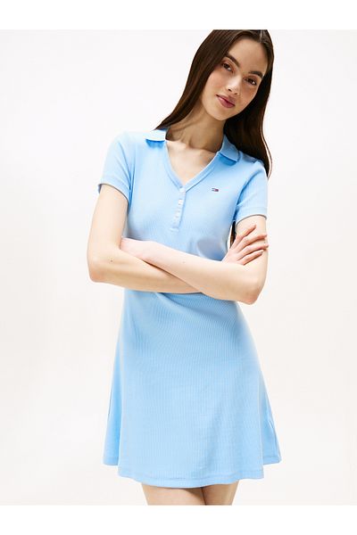 Tommy Hilfiger Women Light Powdery Blue F&F Rib Mini Polo Dress