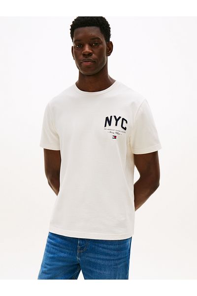 Tommy Hilfiger Men Ivory Petal Script Nyc Short Sleeve T-Shirt