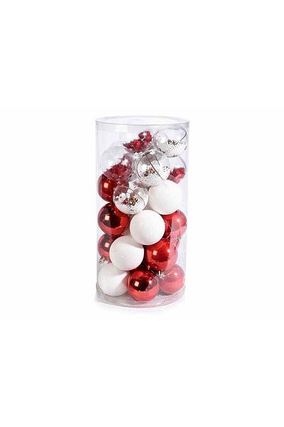 Decorer Set of 30 red and white plastic globes 6 cm