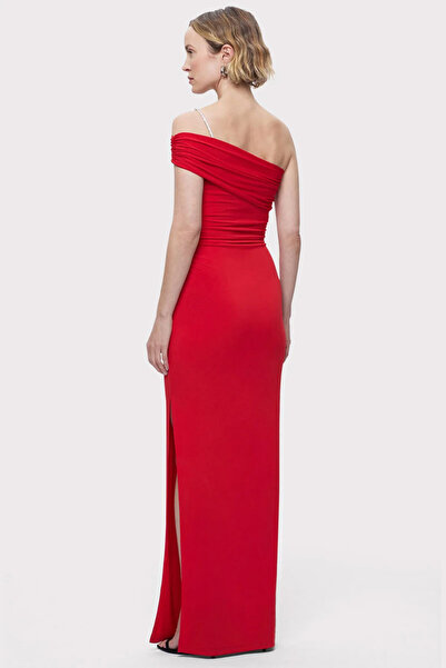 Herve Leger ASYMMETRICAL JERSEY DRESS W CRYSTAL TRIM - HERVE LEGER - RED, M