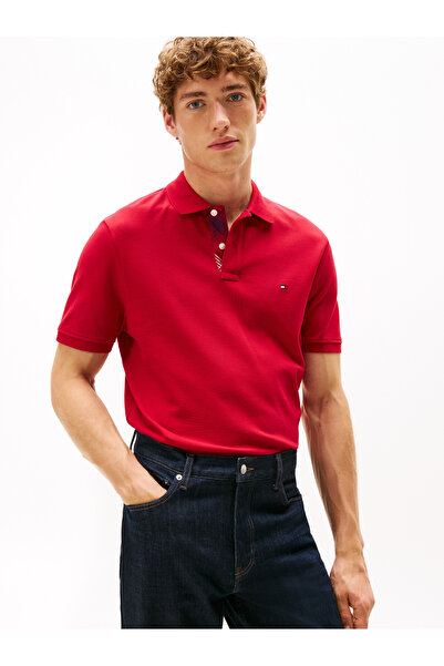 Tommy Hilfiger Tommy Hilfiger Men Medium Red Pique Placket Interest Short Sleeve Polo T-Shirt