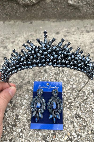 Hobigram Alyce Navy Blue Bridal Henna Crown Special Occasion Accessory Women's Crown and Three Shuttle Earrings Set