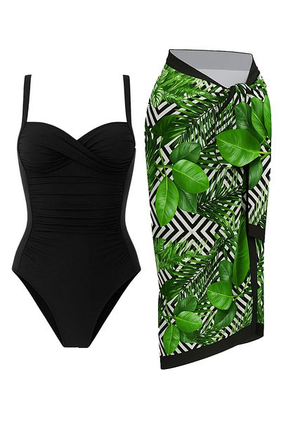 CUPSEA Women's Gathering Draped Swimsuit Green Leaf Does Not Show Underwear Pareo Set of 2 Stylish and Slimming Effect