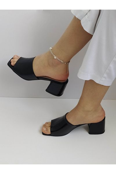 ERS Air Comfort Women's Black Patent Leather Genuine Leather Heeled Stylish Slippers Daily