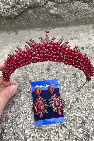 Hobigram Alyce Burgundy Bridal Henna Crown Special Occasion Accessory Women's Crown and Wide Shuttle Earrings Set