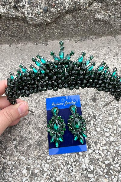 Hobigram Alyce Green Bridal Henna Crown Special Occasion Accessory Women's Crown and Three Shuttle Earrings Set – Crown, Crystal Stone