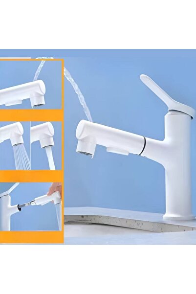 BiXXBi Baterie pentru baie cu 3 lavoare — 3 moduri de debit, pulverizator retractabil, alb