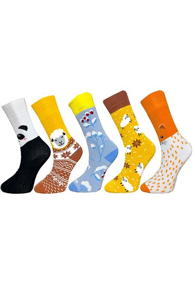 Mevo 5 Pack Mixed Panda, Sheep, Flower, Fox Pattern Unisex Flexible Breathable Colorful Terry Socks