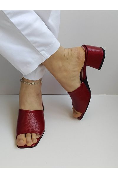 ERS Air Comfort Women's Burgundy Patent Leather Genuine Leather Heeled Stylish Slippers Daily