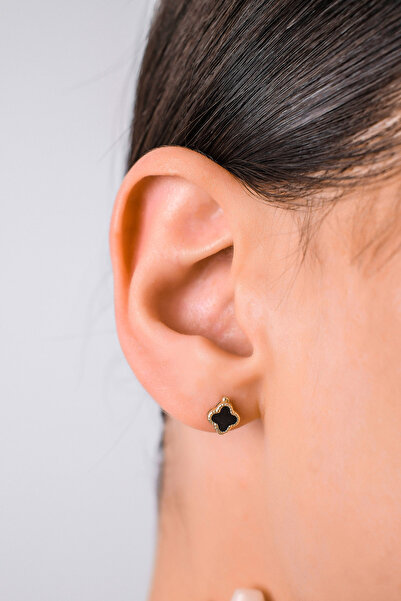 Side Gold Kuyumculuk 14 Ayar Altın Siyah Yonca Küpe