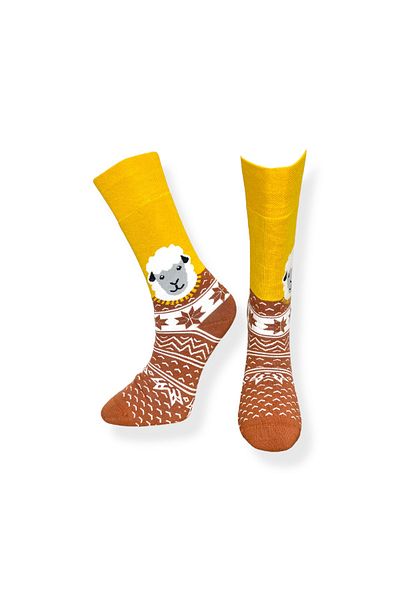 Mevo Single Unisex Flexible Sheep Patterned Yellow and Brown Colored Breathable Towel Socks