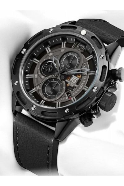 T5 Saat T5 Men's Wrist Watch - Black Leather Strap, Chronograph & Calendar, Waterproof Design