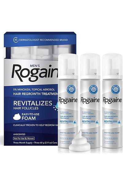 Rogaine Set spumă, Rogaine, împotriva căderii părului, Minoxidil 5%, tratament 3 luni, 3 flacoane x 60 ml