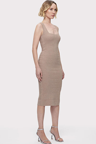 Herve Leger LUREX TEXTURED SQUARE NECK MIDI DRESS - HERVE LEGER - CREAM, M