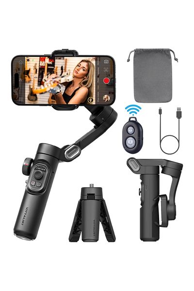 Vittalist 3-Axis Phone Image Stabilizer, App Compatible with iOS and Android, 10h Battery Life, Black
