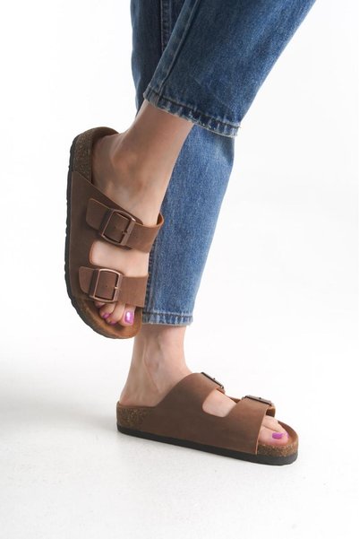 bronze ayakkabı Taba Unisex Slippers Double Buckle Cork Sole Daily Comfortable Slippers