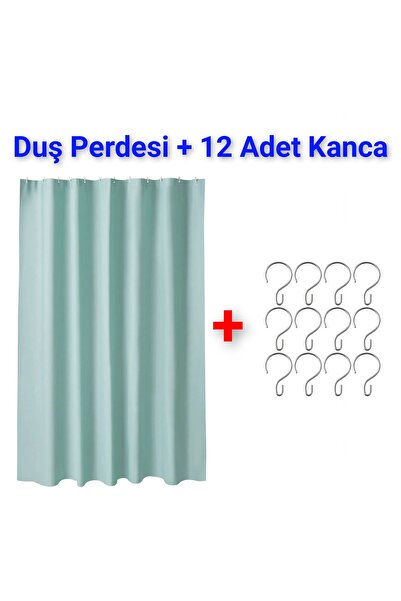 IKEA KALİTELİ Duş Perdesi 180x200 Cm + 12 Adet Kanca İkea Su Geçirmez Banyo Perdesi Seti Turkuaz Perde