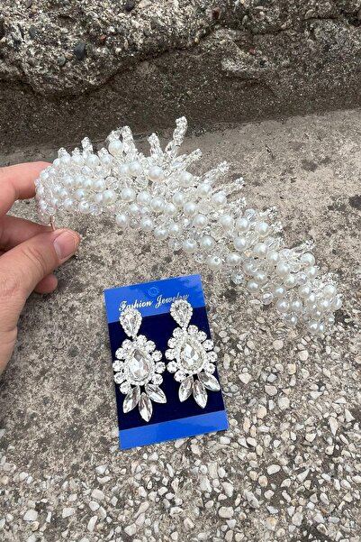 Hobigram Alyce Cream Pearl Bridal Henna Crown Special Occasion Accessory Women's Crown and Three Shuttle Earrings Set