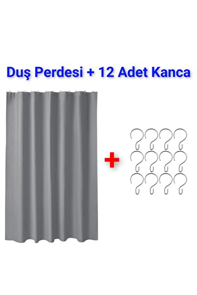 IKEA KALİTELİ Duş Perdesi 180x200 Cm + 12 Adet Kanca İkea Su Geçirmez Banyo Perdesi Seti Gri Renk Perde