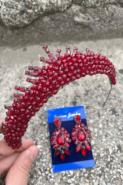 Hobigram Alyce Burgundy Bridal Henna Crown Special Occasion Accessory Women's Crown and Three Shuttle Earrings Set – Crown, Crystal Stone