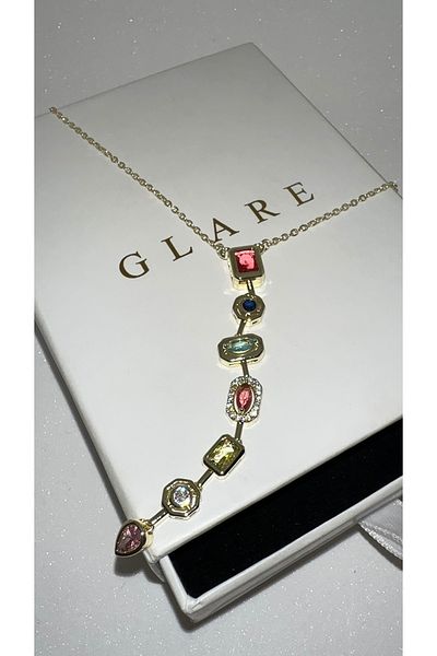 GLARE JEWELRY 7 Element Colorful Stone Y Model Zircon Stone Gold Stainless Steel Necklace 4 Years Warranty