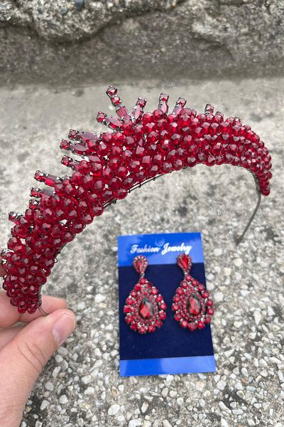Hobigram Alyce Burgundy Bridal Henna Crown Special Occasion Accessory Women's Crown and Drop Shuttle Earring Set