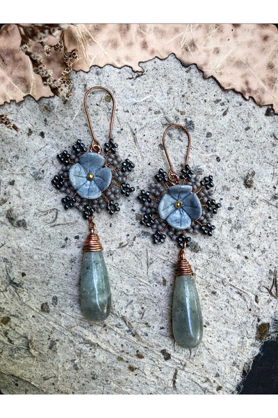 MODA El yapımı Labradorit Doğal Taş Bakır Tel Sarma Küpe