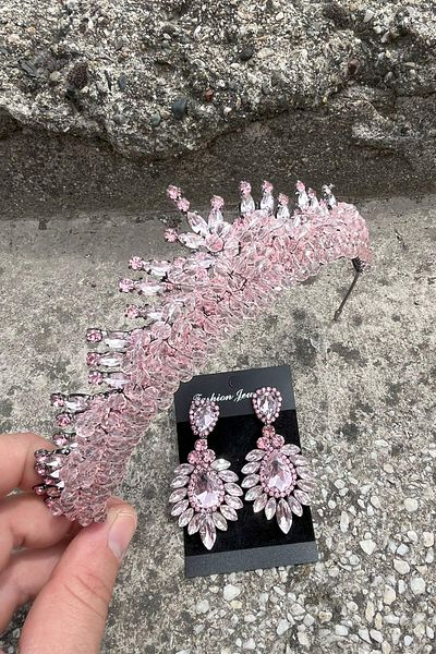 Hobigram Alyce Pink Bridal Henna Crown Special Occasion Accessory Women's Crown and Wide Shuttle Earrings Set