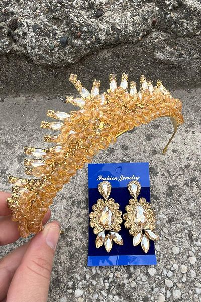 Hobigram Alyce Gold Bridal Henna Tiara Special Occasion Accessory Women's Tiara and Three Shuttle Earrings Set – Crown, Crystal Stone