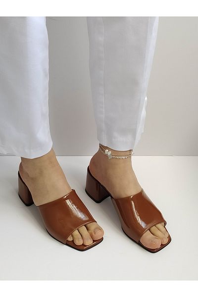 ERS Air Comfort Women's Tan Patent Leather Genuine Leather Heeled Stylish Slippers Daily