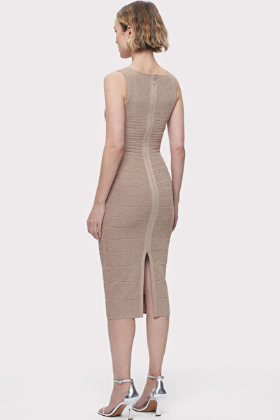 Herve Leger LUREX TEXTURED SQUARE NECK MIDI DRESS - HERVE LEGER - CREAM, M