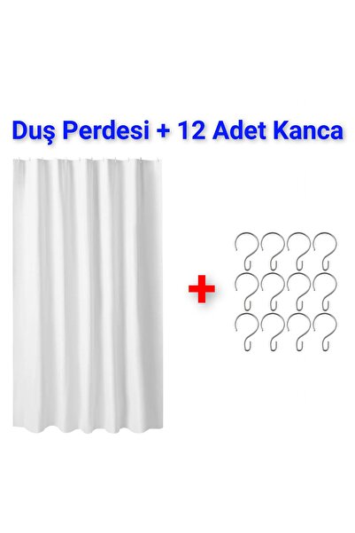 IKEA KALİTELİ Duş Perdesi 180x200 Cm + 12 Adet Kanca İkea Su Geçirmez Banyo Perdesi Seti Beyaz Renk Perde