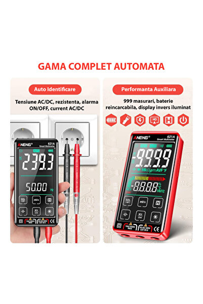 Vittalist Multimetru digital, ecran LCD, avertizare și detectare automată, măsurare curent DC/AC, roșu